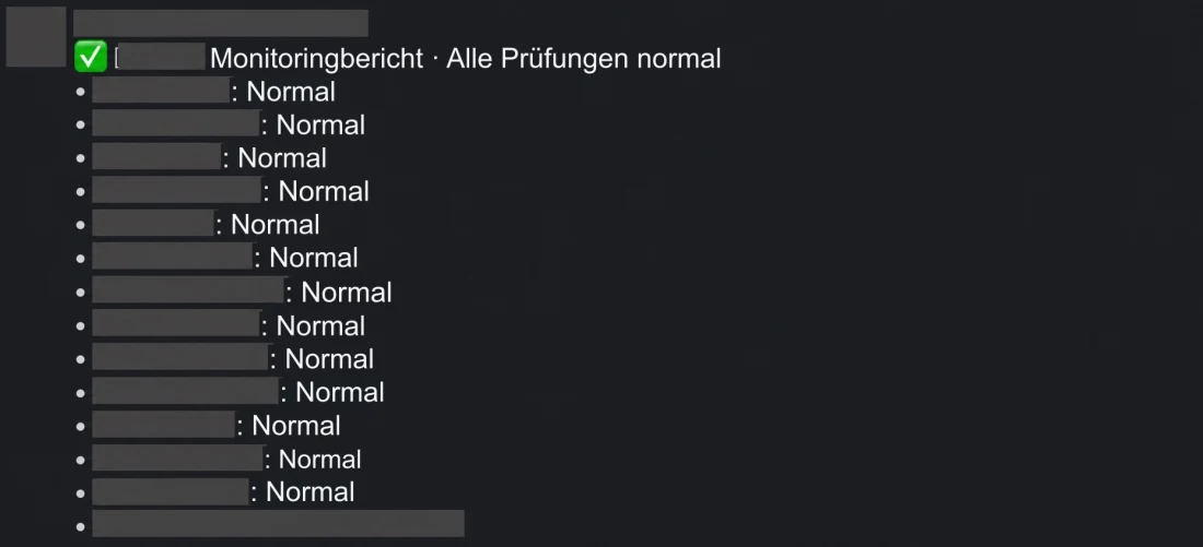 Der tatsächliche Slack-Überwachungsbericht wurde empfangen. Bot-Name, detaillierte Konfiguration und Verifizierungszeitpunkt sind ausgeblendet.