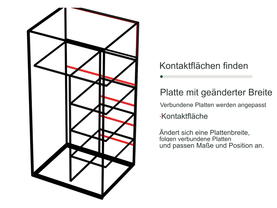 Animation, die zeigt, wie sich die Größe und Position der angrenzenden Paneele nacheinander anpasst, wenn die Breite eines einzelnen Paneels im Möbelstück geändert wird.