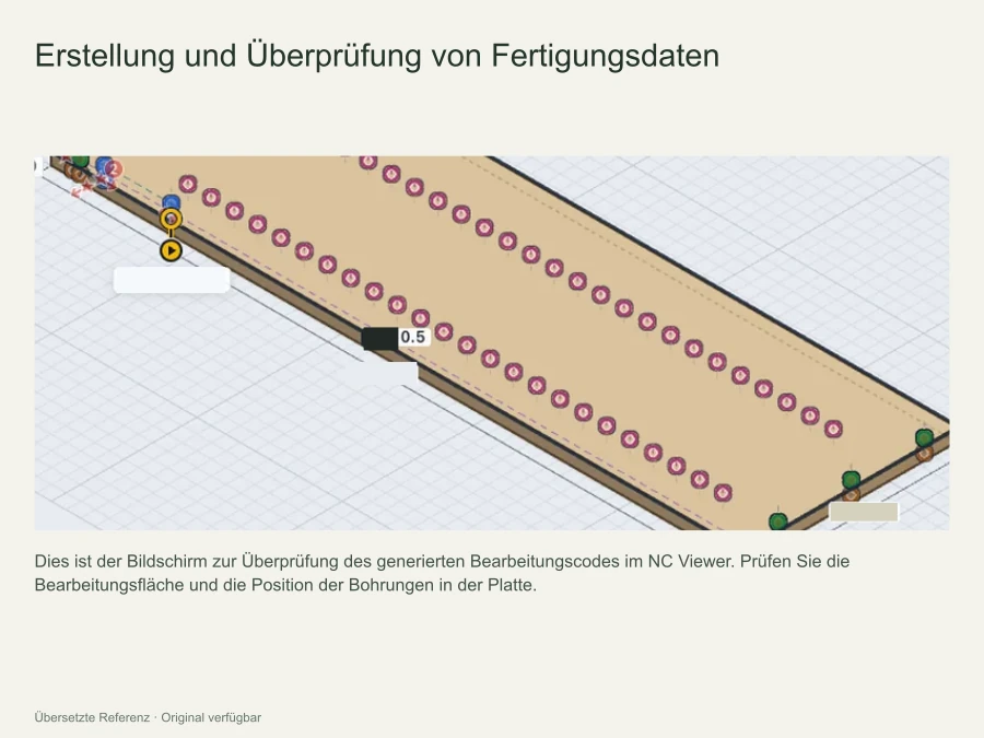 Ein Bildschirm, der 60 Bohrvorgänge an der Unterseite der Platte in 3D im NC-Viewer überprüft.