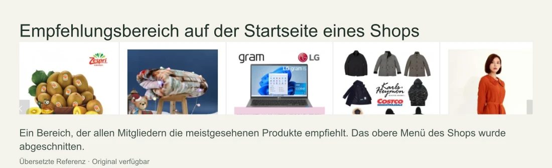 Der Empfehlungsbereich „meistgesehene Produkte“ auf der Startseite eines echten Onlineshops, mit Produktfotos und -namen in einer Reihe.