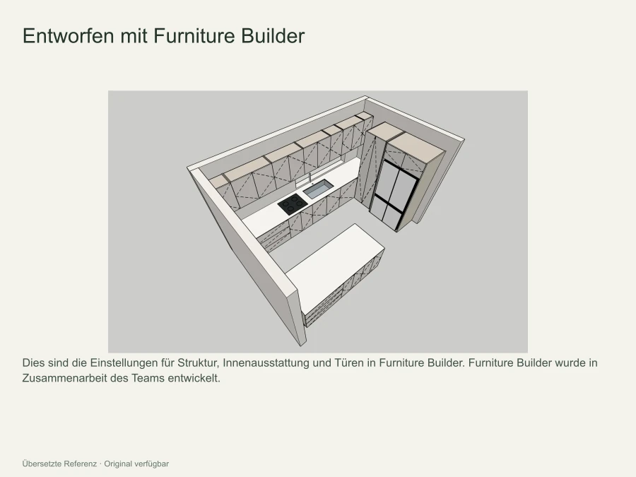 Bildschirm zur Auswahl von Struktur, Innenausstattung, Türen und Montageart in Furniture Builder