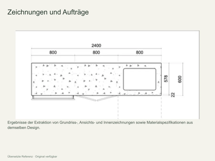 Zeichnungen direkt aus dem Modell extrahiert. Enthält Grundrisse, Ansichten, Innenarchitekturzeichnungen und Materialspezifikationen.