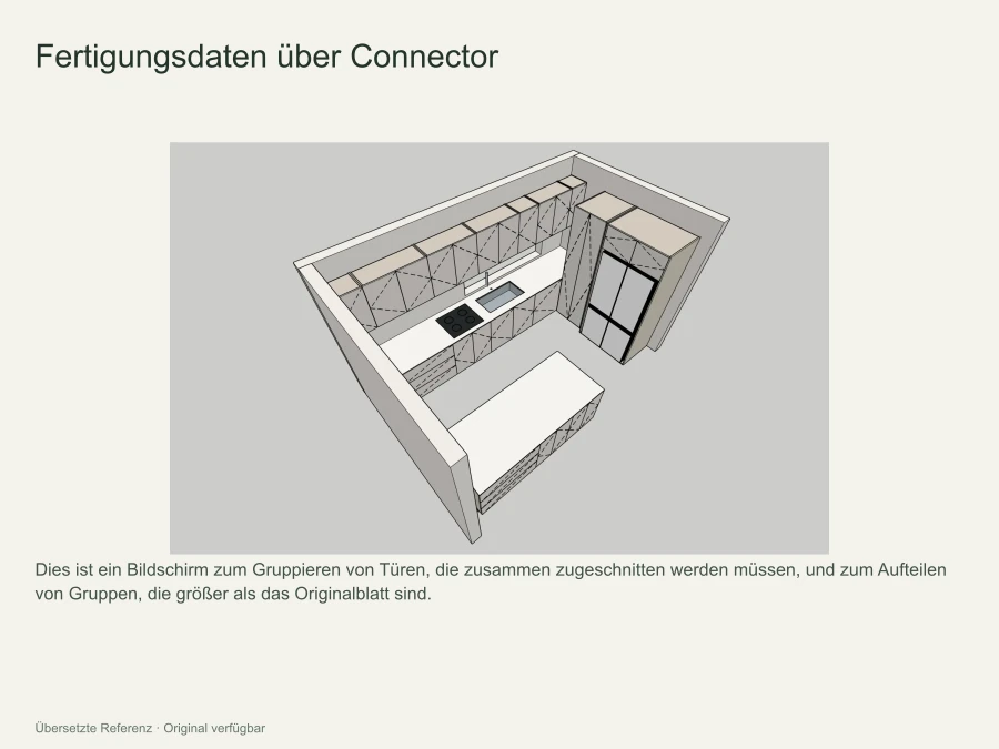 Einstellungen für die Ausrichtung von Connector-Türgruppen. Gruppen, die größer als das Originalblech sind, werden aufgeteilt und separat platziert.