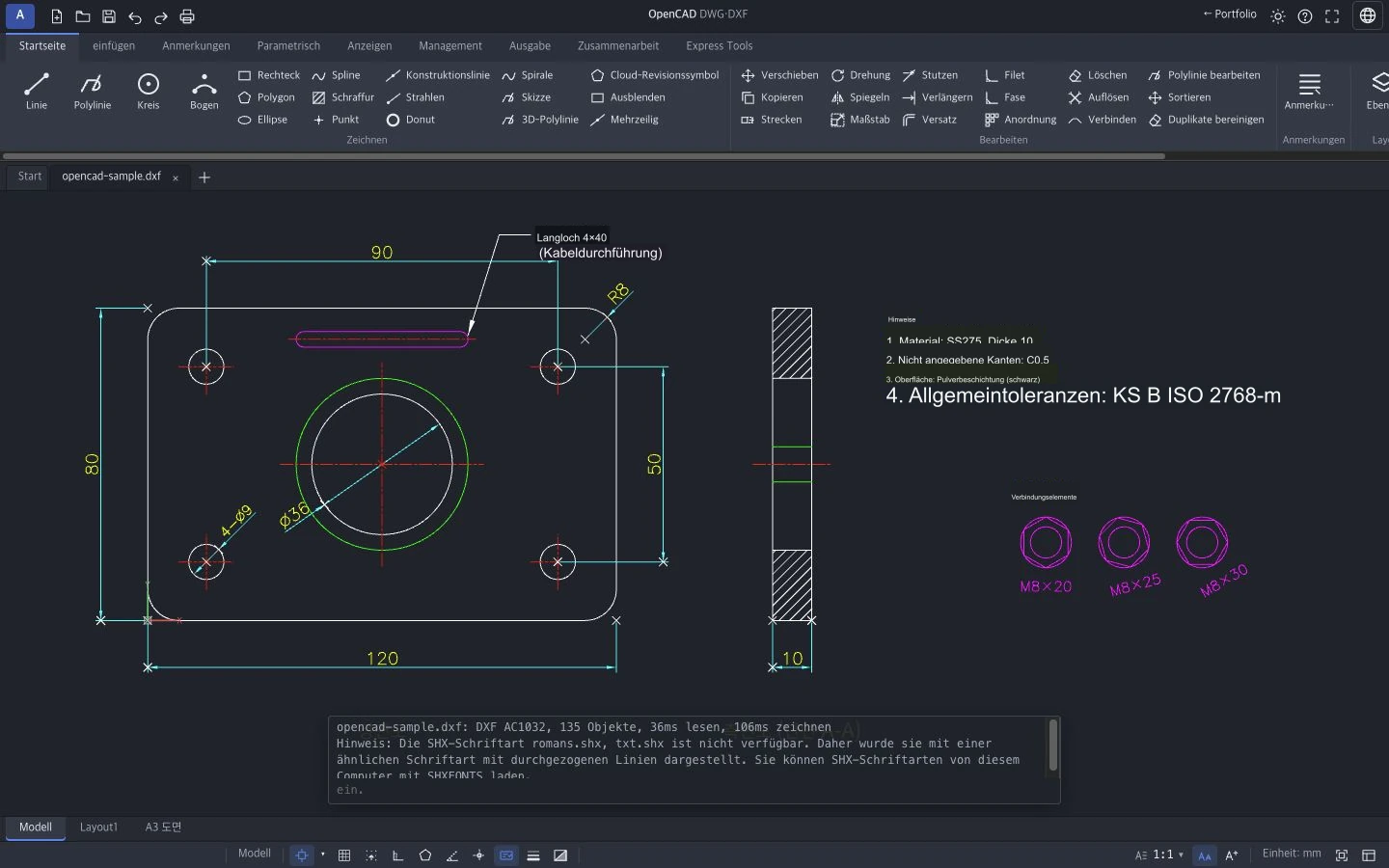 Beispielzeichnung in OpenCAD DWG/DXF: oben das Menüband, in der Mitte bemaßte Vorder- und Schnittansichten einer Halterungsplatte, Hinweise und Befestigungsteile.