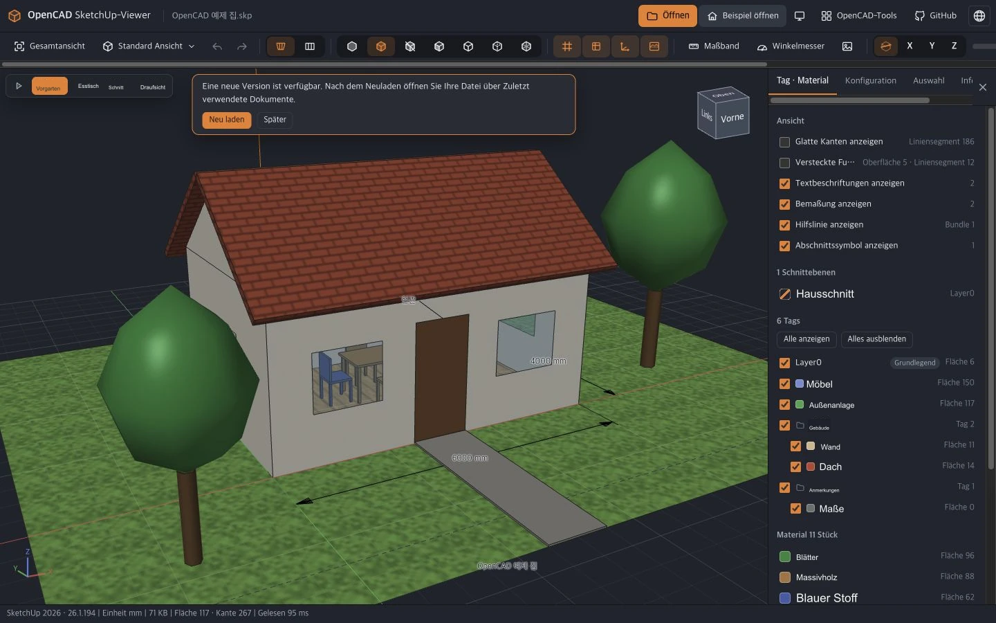 Ein Bildschirm mit einem Beispielhausmodell, das mit dem OpenCAD SketchUp-Viewer geöffnet wurde. Das Haus mit dem roten Dach, die Bäume und der Grasboden werden in der Mitte in 3D angezeigt, und das rechte Feld enthält eine Liste mit 6 Tags und 11 Materialien.