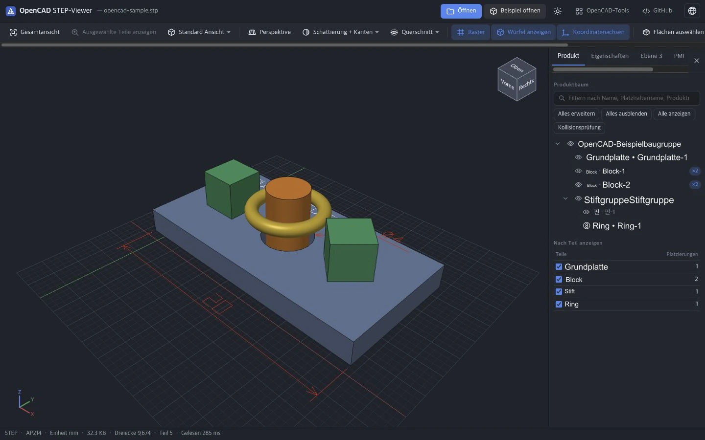Bildschirm mit einem Beispiel-Baugruppenmodell, das mit dem OpenCAD STEP-Viewer geöffnet wurde. In der Mitte sind die beiden Blöcke auf der Grundplatte, Stifte und Ringe in 3D sichtbar, und im rechten Bereich befinden sich ein Produktbaum und eine Liste der sichtbaren Teile.