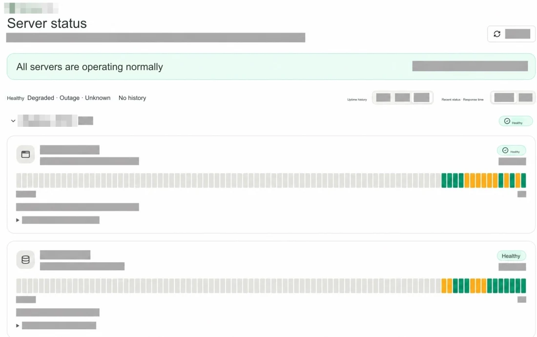 Service status and operational logs from an actual administrator screen. Operational metrics and internal details have been obscured.