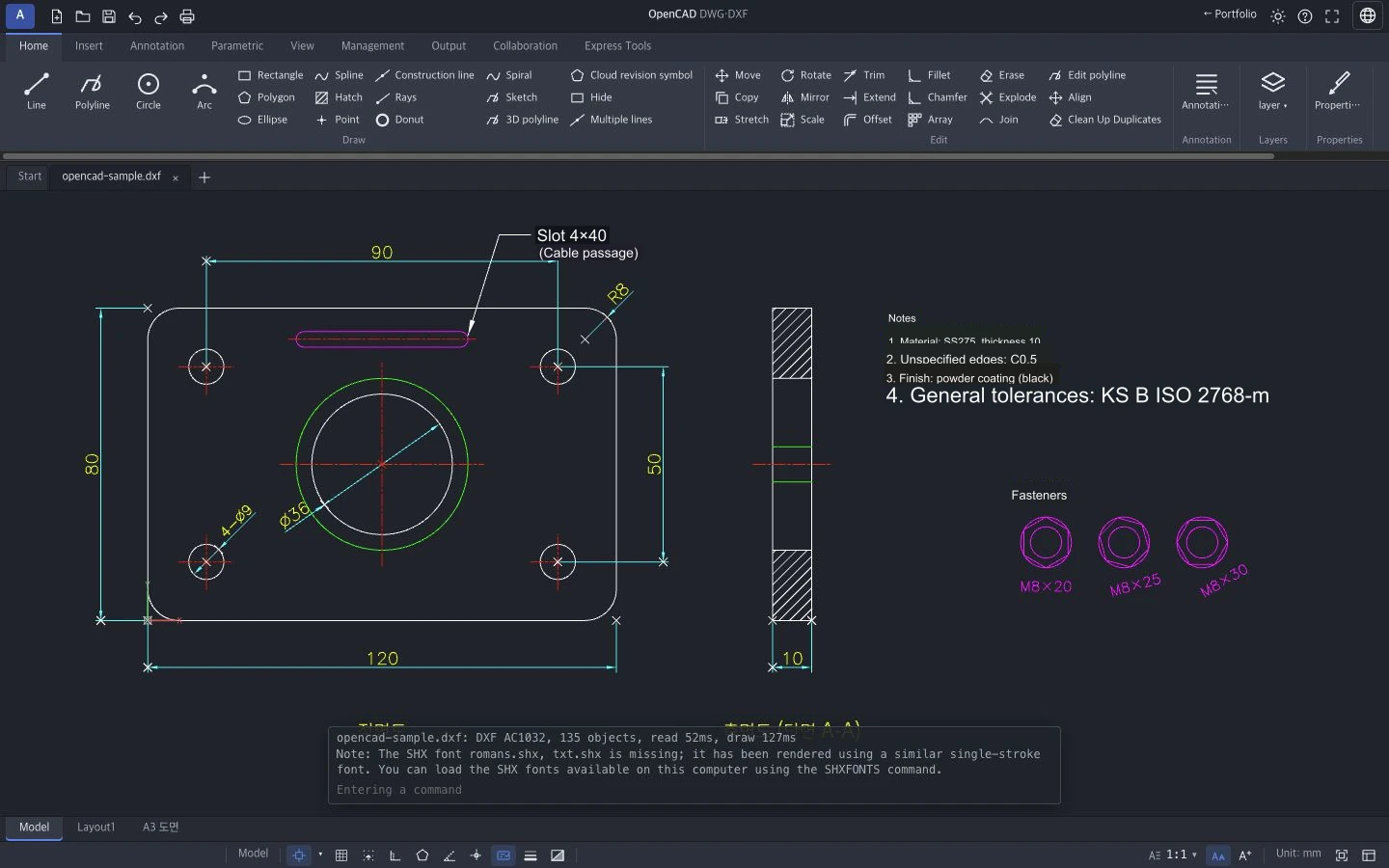 A sample drawing in OpenCAD DWG/DXF, with a ribbon above and dimensioned front and section views of a bracket plate, notes and fasteners in the center.