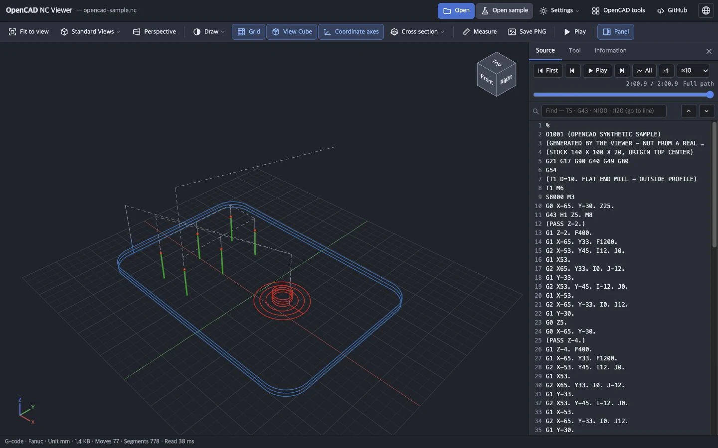 Screen showing example G-code opened with OpenCAD NC viewer. In the center, the tool paths for the outer contour, circular pocket, and drill hole are shown in different colors for each tool, and in the right panel there is a playback bar and a list of G-code lines.