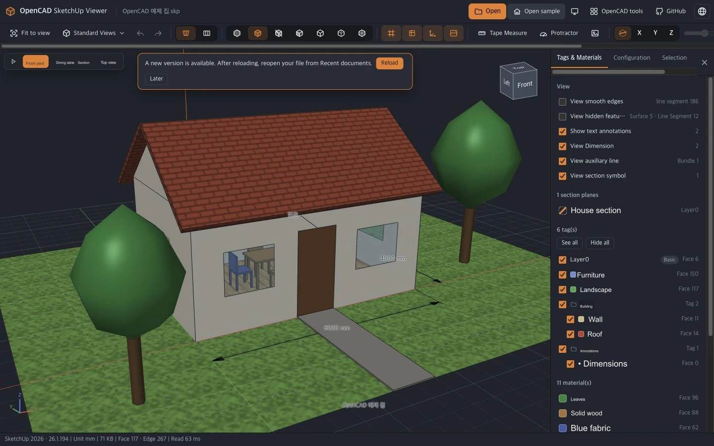 A screen showing an example house model opened with the OpenCAD SketchUp viewer. The red-roofed house, trees, and grass floor are shown in 3D in the center, and the right panel contains a list of 6 tags and 11 materials.