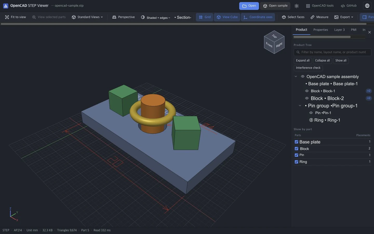 Screen showing an example assembly model opened with the OpenCAD STEP viewer. In the center, the two blocks on the base plate, pins, and rings are visible in 3D, and the right panel has a product tree and a list of visible parts.