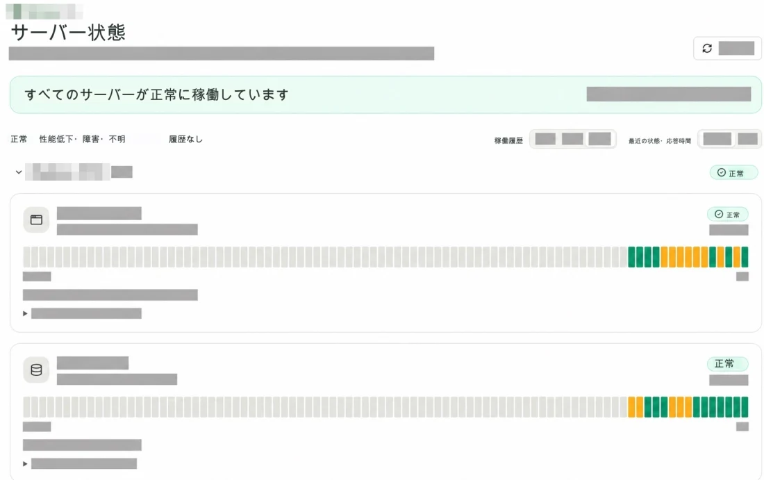 実際の管理者画面における、サービスごとの状態表示と稼働記録。運用数値や内部的な詳細は伏せられています。