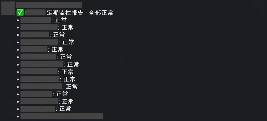 已收到实际的 Slack 监控报告。机器人名称、详细配置和验证时间已隐藏。